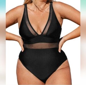CUPSHE Women One Piece Swimsuits V Neck Black Bathing Suit NWT New Size 1X